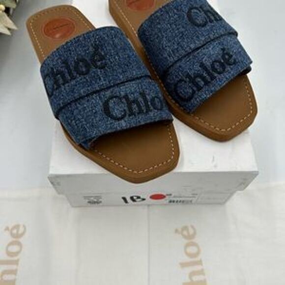 Women’s Chloe woody logo embroidered denim sandals size 38 made in Italy - Picture 10 of 11